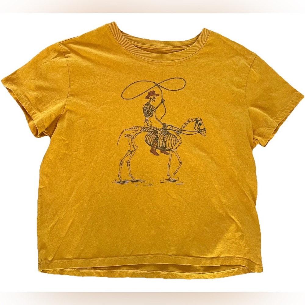 American Eagle Cowboy Skeleton Cropped T-Shirt Womens M Gold Yellow
